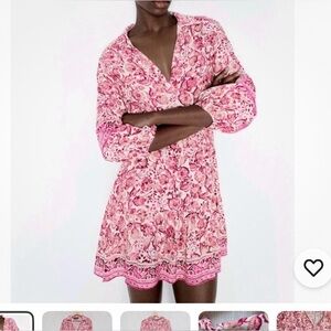 ZARA Red Floral Print Ruffle V-neck Mini Dress